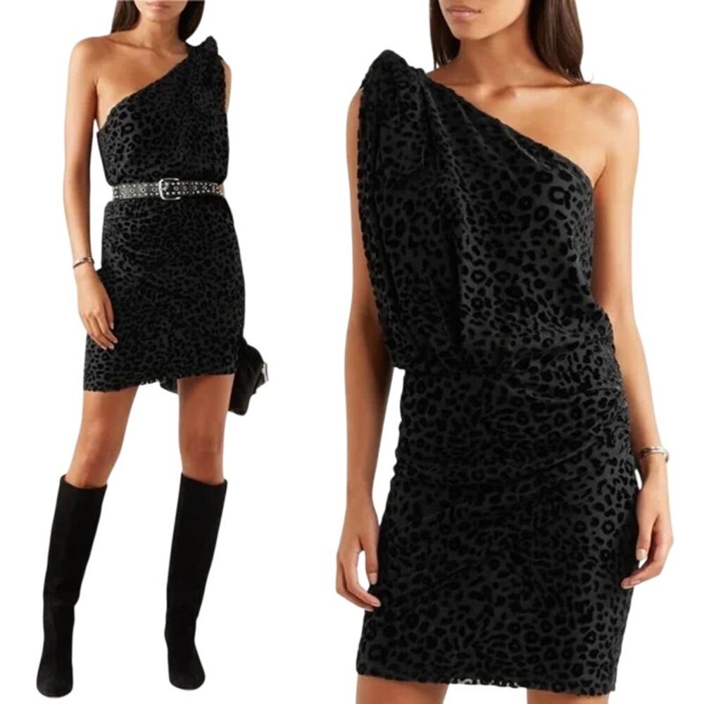 IRO Black One-Shoulder Velvet Leopard Mini Dress